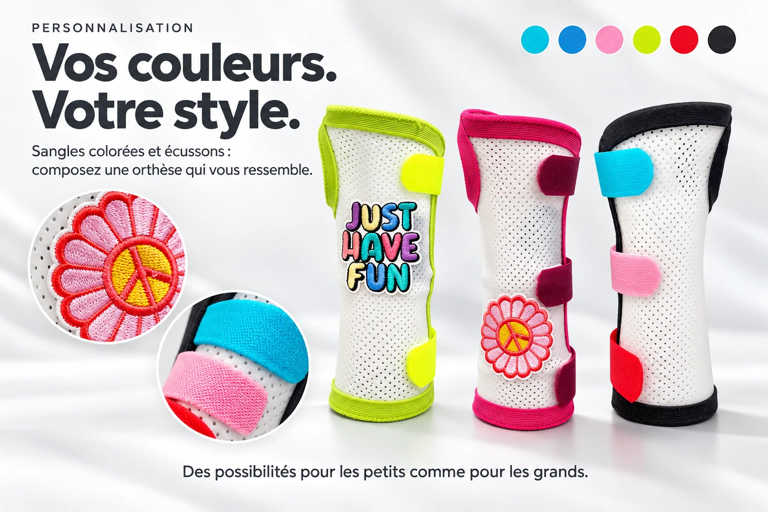 Orthèses aux contours roses, verts et noirs, sangles multicolores et détails des écussons