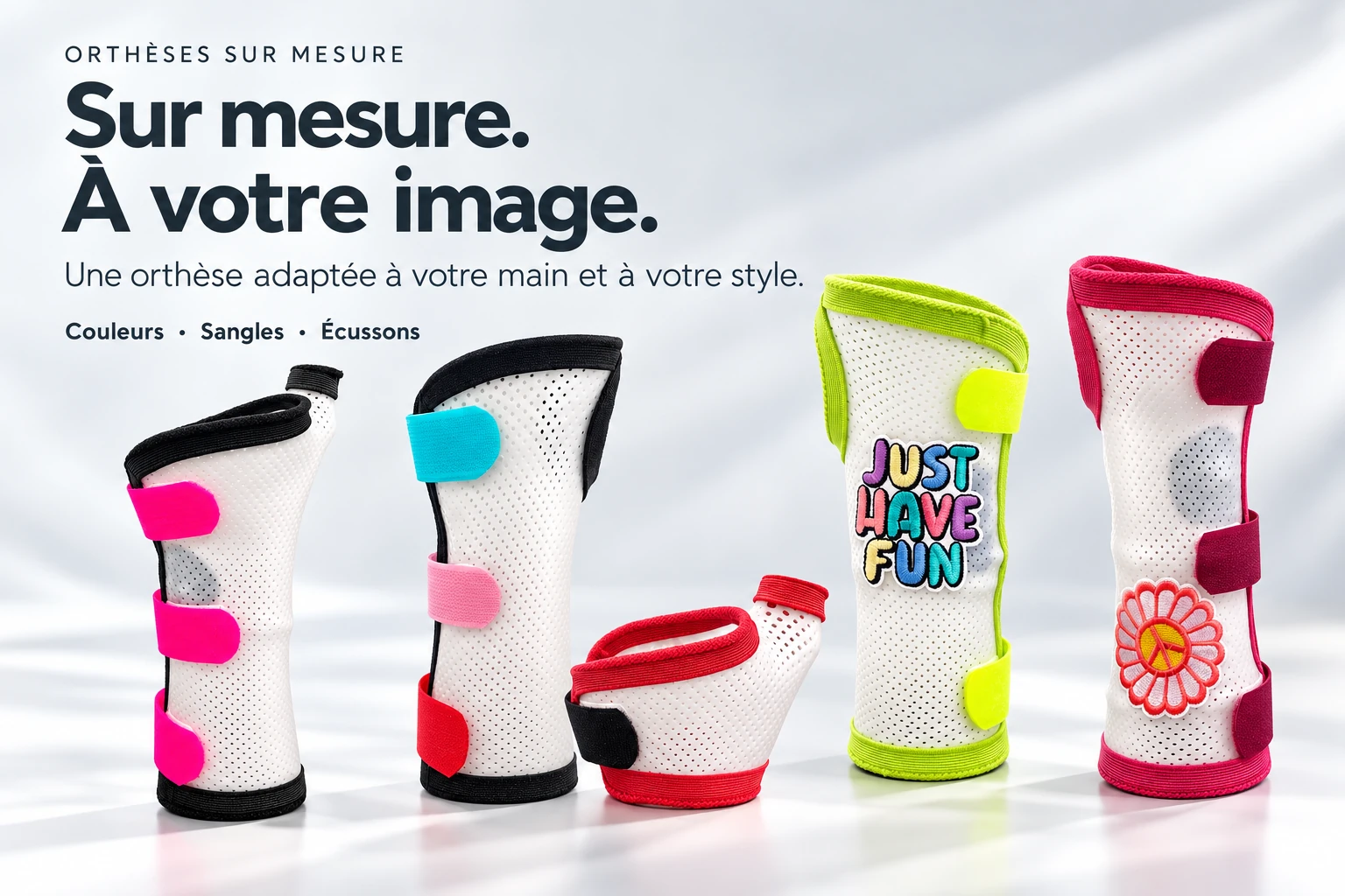 Orthèses personnalisées : contours, sangles colorées et écussons